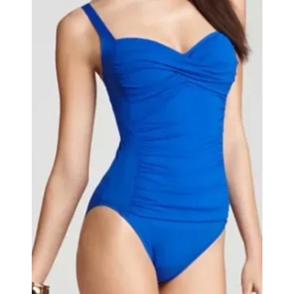 La Blanca Womens Ruched Front One Piece Swimsuit Size 4 Slimming Royal Blue